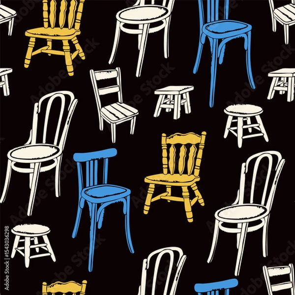 Fototapeta Various Chairs, furniture set. Traditional, elegant dining setting, tall short chair, stool, wood decor. Different positions. Hand drawn Vector illustration. Wooden aesthetic. Square seamless Pattern