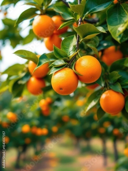 Fototapeta Close up of orange fruits hanging on tree branches with green leaves in an outdoor orchard scene view