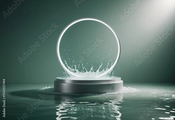 Fototapeta Modern podium with water splash effect and illuminated circular frame  