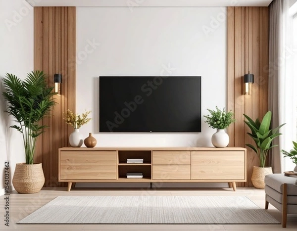 Obraz Modern living room featuring a wall-mounted TV, wooden media console, decorative plants, and warm lighting, creating a cozy and stylish atmosphere.