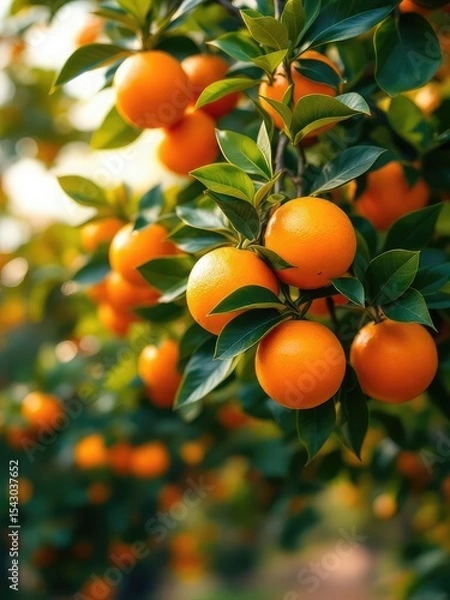 Fototapeta Close up of an orange tree with many ripe oranges hanging from the branches in the sunlight outdoor