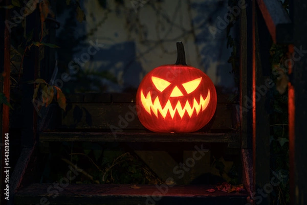 Obraz Carved pumpkin with inner glow stands outdoor. Halloween holiday concept with eerie lighting and cozy fall arrangement