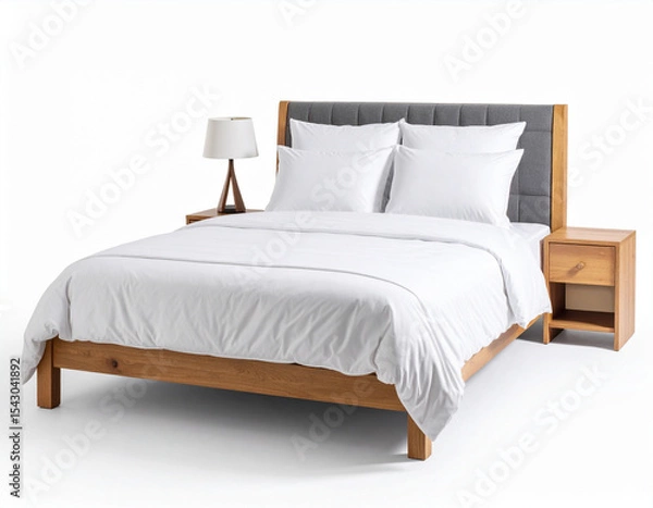 Obraz Modern double bed on isolated white background. Furniture for the modern interior, minimalist design. Textile.