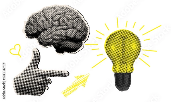 Obraz Halftone trendy collage with light bulb, hand, arrow, brain, smart thinking concept, brainstorm,cut out elements