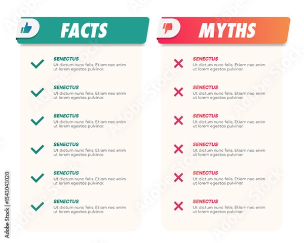 Fototapeta Facts and Myths background modern style on white background. Fact checking or easy compare evidence. Concept illustration Vector 10 eps
