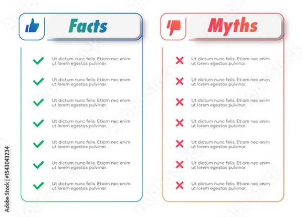 Fototapeta Facts and Myths card template trendy style on white background. Fact checking or easy compare evidence. Concept illustration Vector 10 eps