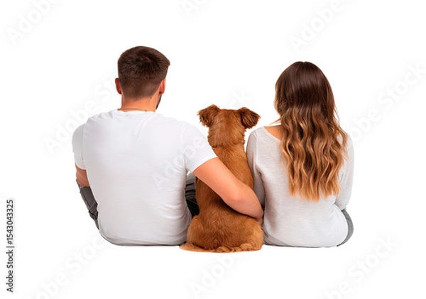 Fototapeta Happy couple with dog sitting together, view from behind, concept of companionship and friendship on transparent background, PNG