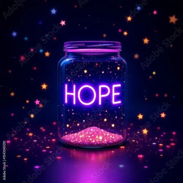 Fototapeta Neon HOPE in glowing jar with sparkling stars, inspirational art