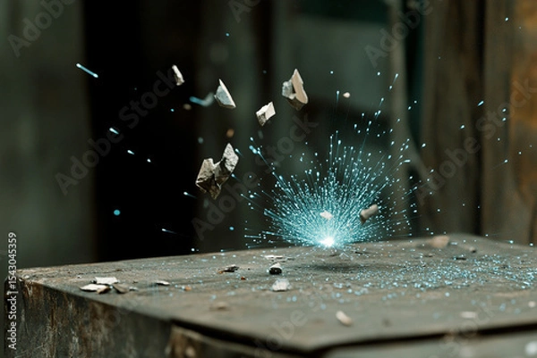 Fototapeta Digital particle effect showcasing blue sparks radiating from debris in a workshop environment at dusk