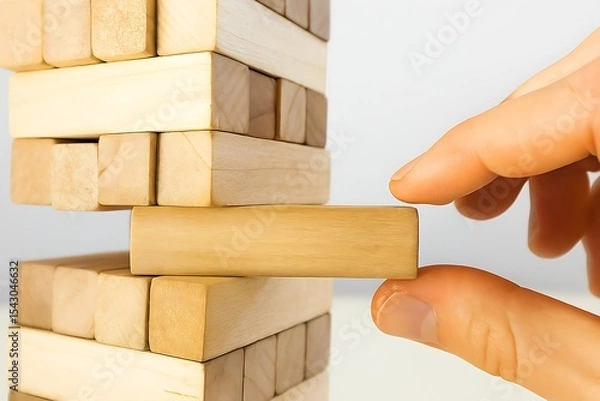 Fototapeta Stacking the Odds: A hand delicately maneuvers a wooden block within a precarious tower of similar blocks, emphasizing the balance and strategic thinking. 