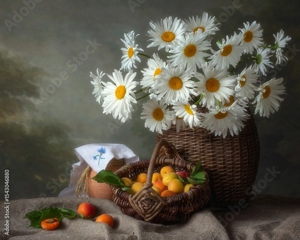 Fototapeta Summer still life with bouquet chamomiles and apricots
