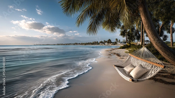 Obraz Serene Beachside Hammock: A tranquil scene unfolds as a hammock sways gently beneath a palm tree, overlooking a pristine sandy beach and the calm ocean.