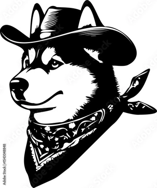 Fototapeta SVG file husky dog ​​in a scarf and hat black and white vector for printing, cutting