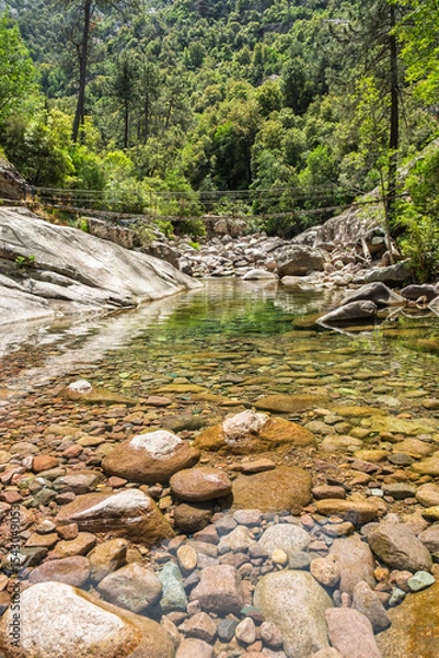 Fototapeta Steel rope bridge crossing the crystal clear pools and rocks of the Figarella river at Bonifatu oin the Balagne region of the Mediterranean island of Corsica