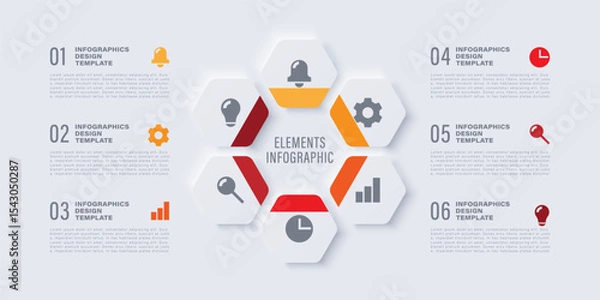 Fototapeta Neumorphism Pie Chart Infographic Template. Six infographic elements with icons and space for data