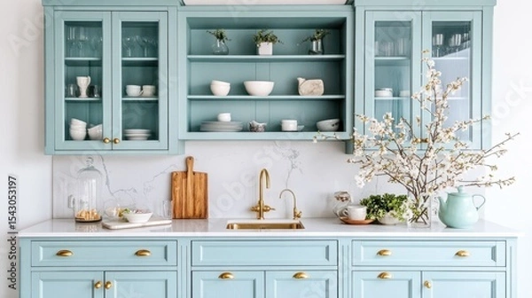 Fototapeta Serene Kitchen Design: An elegant kitchen space with pastel-colored cabinets and marble countertops, showcasing refined culinary elements for a modern interior.