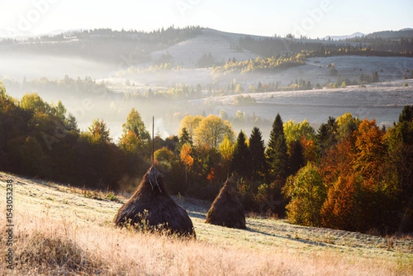 Obraz Foggy pasture with haystacks and orange forest glows in sunrise light in autumn mountains. Serene highland landscape with dried hay and foggy hills