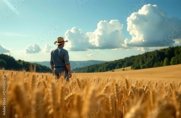 Obraz A farmer in a straw hat standing in a wheat field