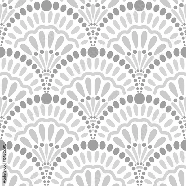 Fototapeta Scallop shape dotted seamless pattern in grey and white colors. Monochromatic gray dots in hand drawn repeat endless background. Raster illustration for fabric, packaging, textile, apparel, wallpaper