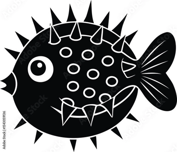 Fototapeta Stylized Black and White Pufferfish Illustration with Spikes and Circular Markings