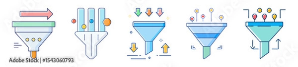 Fototapeta Set of vector icons depicting a variety of filter and funnel illustrations