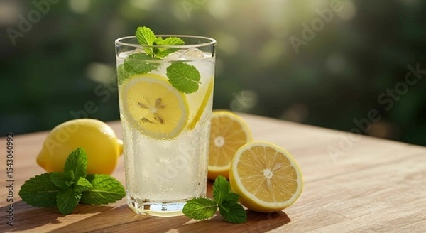 Fototapeta Zesty Lemonade: A refreshing glass of lemonade with lemon slices and mint leaves on a wooden table, a delightful moment.