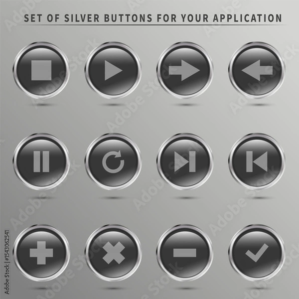 Fototapeta Collection of volume buttons in black with the effect of convex glass, in a metal frame. EPS file. Vector file. For app