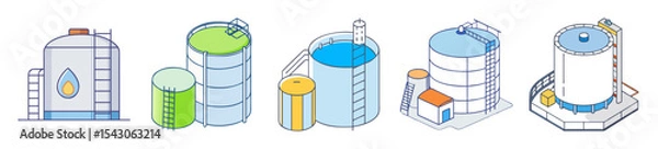Fototapeta Isometric illustrations of various industrial tanks and storage containers with vibrant colors