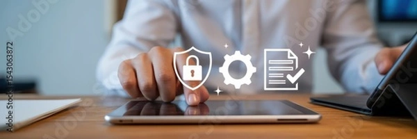 Fototapeta Person using a tablet with security and document icons.