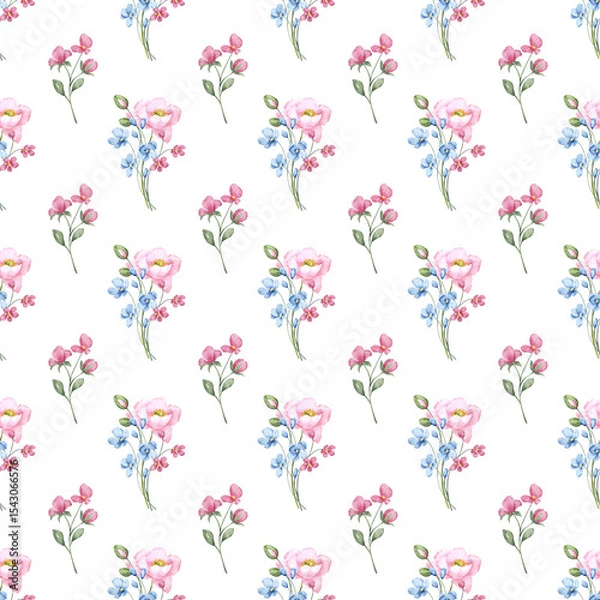 Fototapeta Seamless floral pattern minimalist repeating background with watercolor flower and leaf bouquets. Fabric wallpaper print texture. Perfectly for backdrop, wrapped paper.