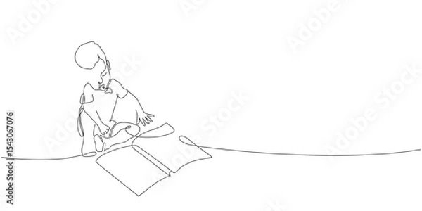 Fototapeta Continuous one line drawing with boy reading open books. Vector single line illustration of children reading book.