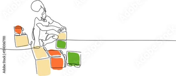 Fototapeta Continuous one line drawing with a boy plays with blocks. Vector single line illustration of a child plays with color blocks