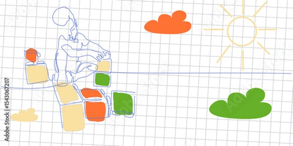 Fototapeta Continuous one line drawing with a boy plays with blocks. Vector single line illustration of a child plays with blocks on a notebook background