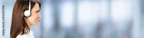 Fototapeta Profile portrait. Representative call center. Businesswoman woman support phone operator. Callcenter customer service. Sale agent. Banner image with free text space, against blurred office background