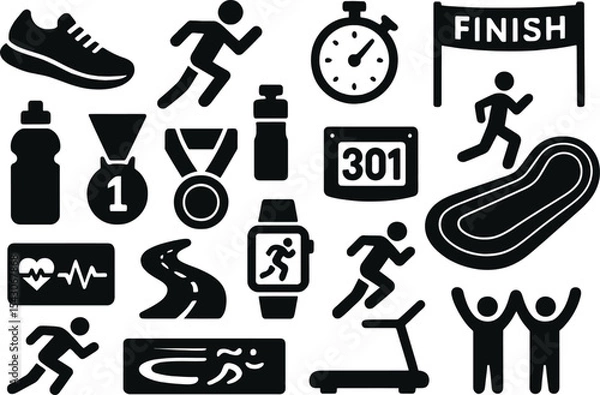 Fototapeta Black silhouette icon set for Global Running Day. Includes solid black icons of running shoes, runners in motion, stopwatch, finish line, water bottle, medal, race bib, running track, heartbeat monito