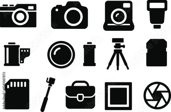 Fototapeta Black silhouette icon set for National Camera Day. Includes solid black icons of vintage cameras, DSLR camera, instant camera, film roll, camera lens, tripod, camera flash, memory card, selfie stick, 