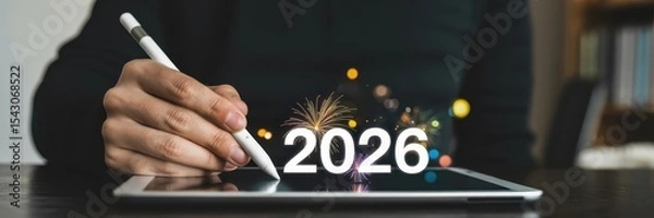 Obraz Person using a digital pen to write 2026 on a tablet.