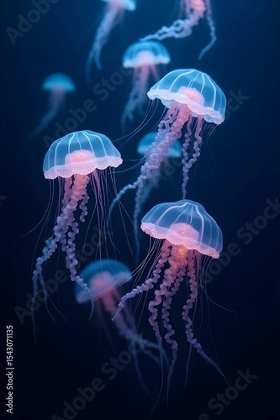 Obraz Glowing jellyfish beneath the sea evoke a sense of enchantment, mystery, and calm. Their colorful bodies illuminate the dark depths as they drift together in graceful swarms