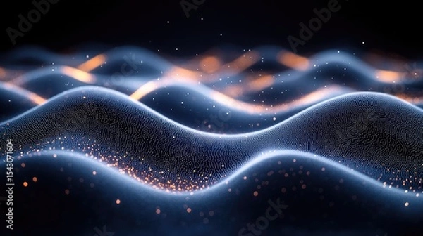 Fototapeta Abstract data waves, digital landscape, glowing particles, dark background
