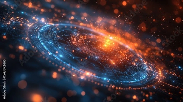 Fototapeta Abstract digital circuit, swirling energy, cosmic background, futuristic concept
