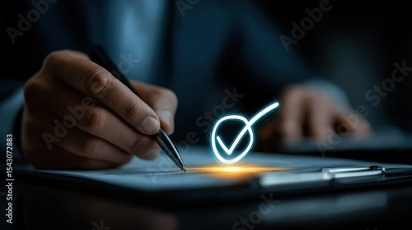 Obraz Approval and Execution: A close-up shot of a person's hand meticulously completing a task with pen. The luminous check mark symbolizes the completion of approval or tasks.