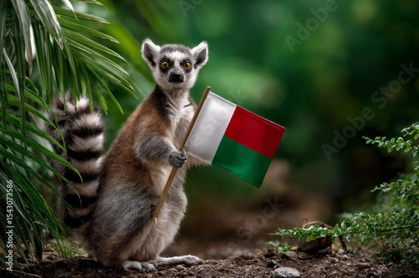 Obraz Ring-tailed lemur with the Madagascan flag in paws on jungle background. National symbol and patriotic decor concept. For Madagascar Day, Flag day. Funny animal for banner, poster, card