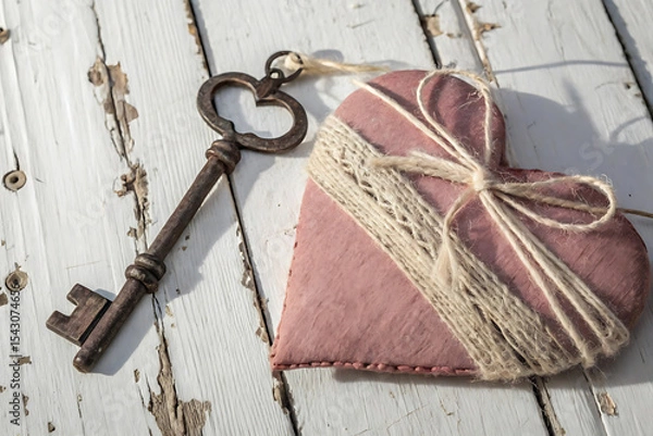 Fototapeta Rustic pink heart with antique key on weathered wood