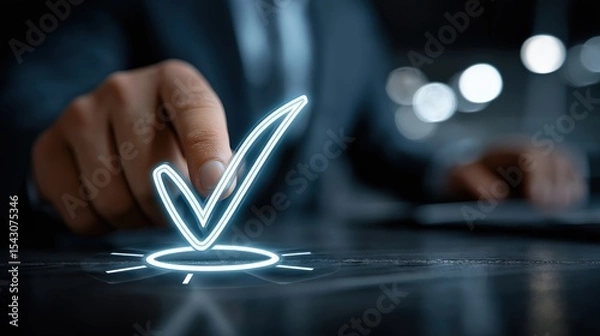Obraz Business Verification: A close-up shot capturing a hand hovering over a glowing checkmark symbol, set against a blurred background, symbolizes approval, validation, and a job well done.