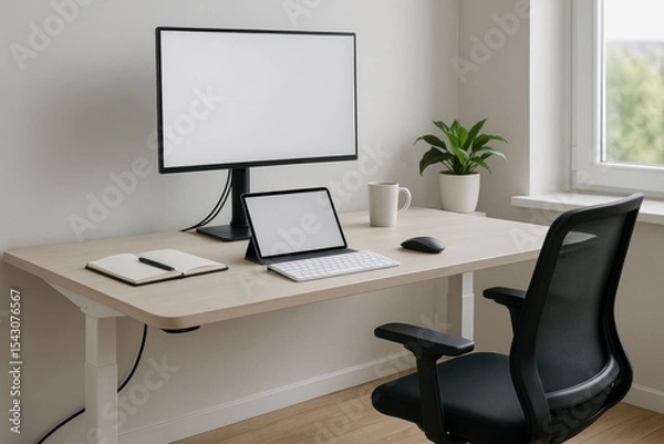 Fototapeta Modern Minimalist Workspace with Computer and Green Plant Elements