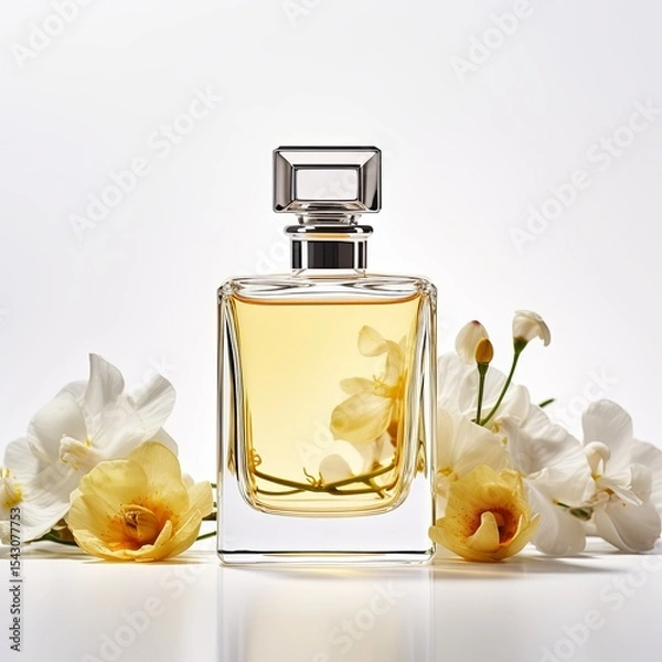 Fototapeta Elegant Transparent Square-Shaped Perfume Bottle on White Background with Flowers Accents