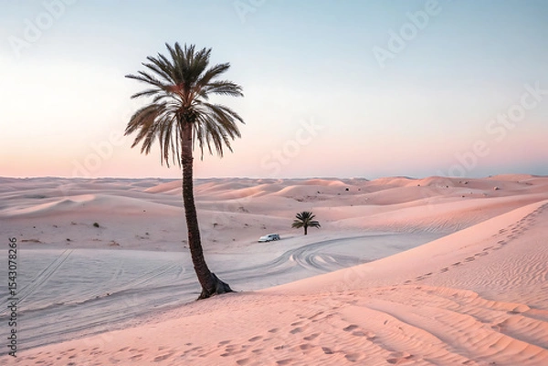Fototapeta Desert oasis palm trees and vehicle tracks in sand dunes
