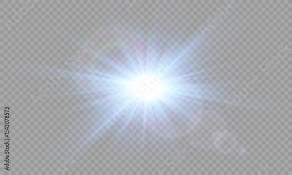 Fototapeta Blue Light Flare with Rays on Transparent Background. Glowing Star Effect PNG