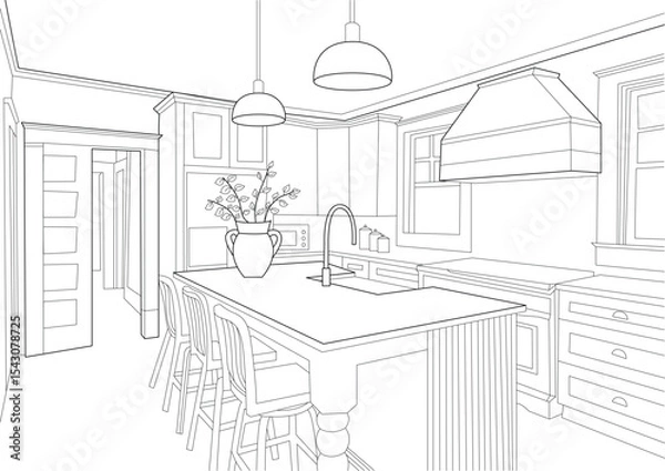 Obraz Kitchen Interior Design Line Drawing, Architectural line drawing illustration of a modern kitchen interior featuring an island with seating, sink, faucet, range hood, cabinets, and windows. This 
