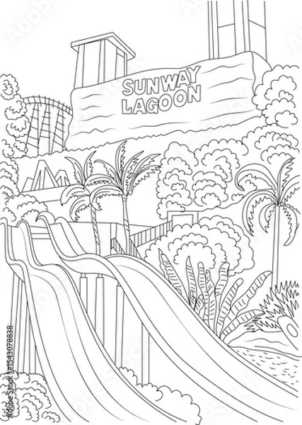 Obraz Sunway Lagoon Theme Park Water Slide Line Drawing, Line drawing illustration of a water slide attraction at Sunway Lagoon Theme Park in Malaysia, featuring tropical plants and elements of the 